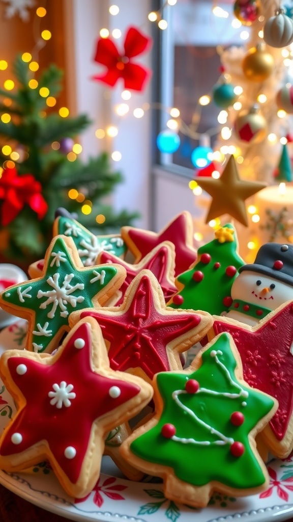 A plate of colorful Christmas cookies decorated with icing in festive shapes like stars and trees.